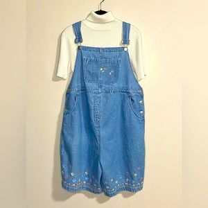 Maternity embroidered denim overall shorts.